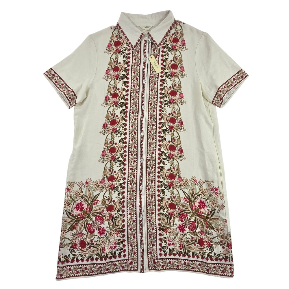 Max Studio Shirt Dress Women Large Cream NWT Floral Linen Blend Tunic